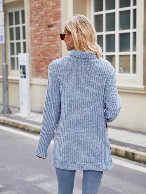 Ribbed Turtleneck Long Sleeve Slit Knit Top-Teresa's Fashionista LLC