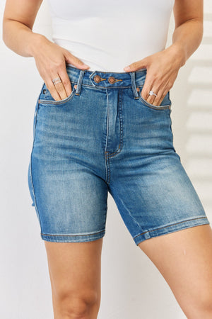 Judy Blue Full Size Tummy Control Double Button Bermuda Denim Shorts-Teresa's Fashionista LLC