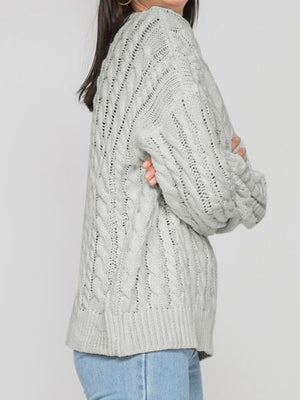 Openwork Round Sleeve Cable-Knit Sweater-Teresa's Fashionista LLC