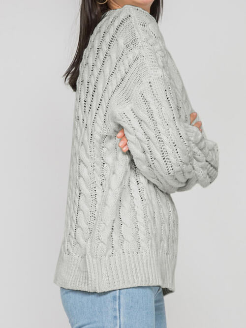 Openwork Round Sleeve Cable-Knit Sweater-Teresa&#39;s Fashionista LLC