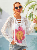 Flower Graphic Lace-Up Openwork Hooded Cover Up-Teresa's Fashionista LLC