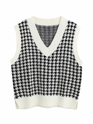 Houndstooth V-Neck Sweater Vet-Teresa's Fashionista LLC