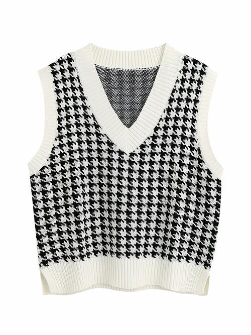 Houndstooth V-Neck Sweater Vet-Teresa&#39;s Fashionista LLC