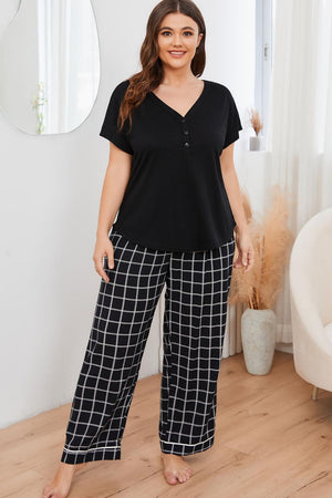 Plus Size V-Neck Top and Plaid Pants Lounge Set-Teresa's Fashionista LLC