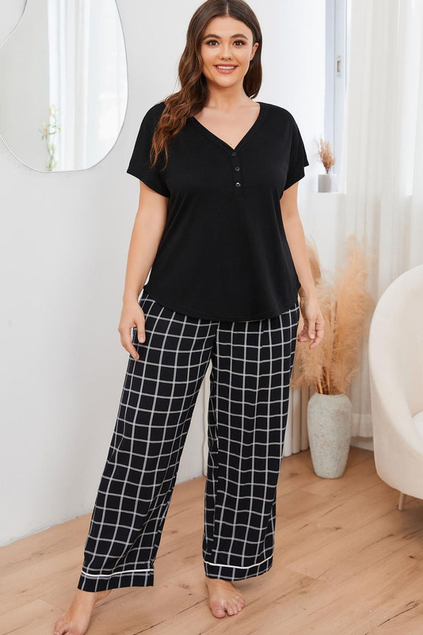 Plus Size V-Neck Top and Plaid Pants Lounge Set-Teresa's Fashionista LLC