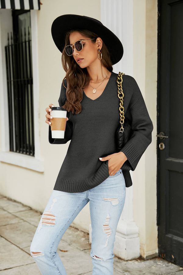 Drop Shoulder V-Neck Knit Pullover-Teresa's Fashionista LLC