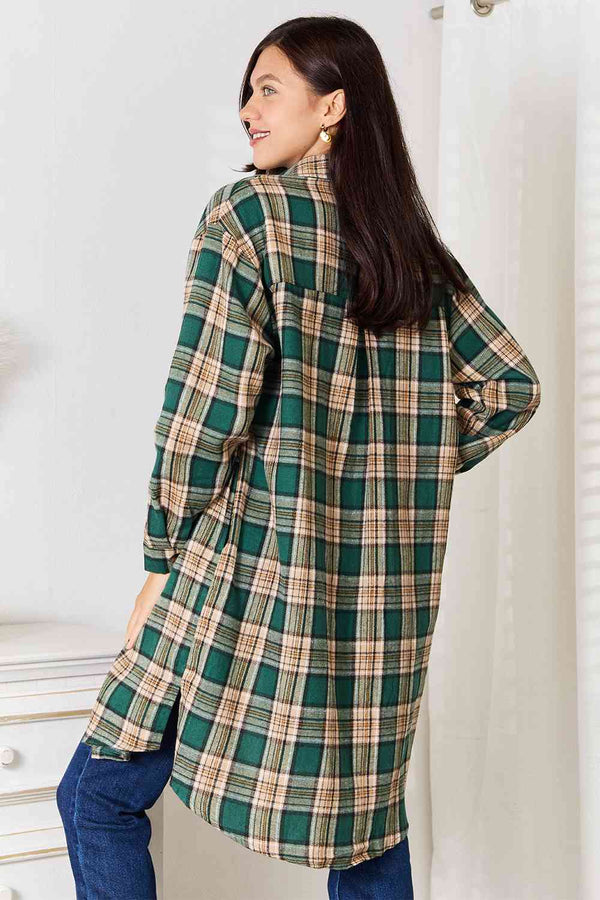Double Take Plaid Collared Neck Long Sleeve Shirt-Teresa's Fashionista LLC