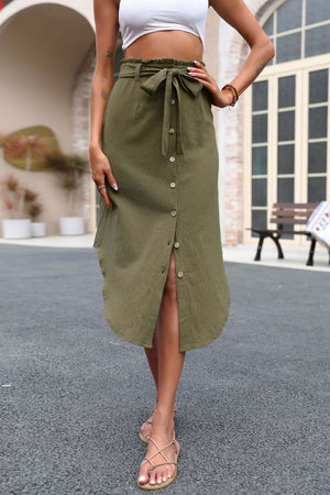 Tie Belt Frill Trim Buttoned Skirt-Teresa's Fashionista LLC