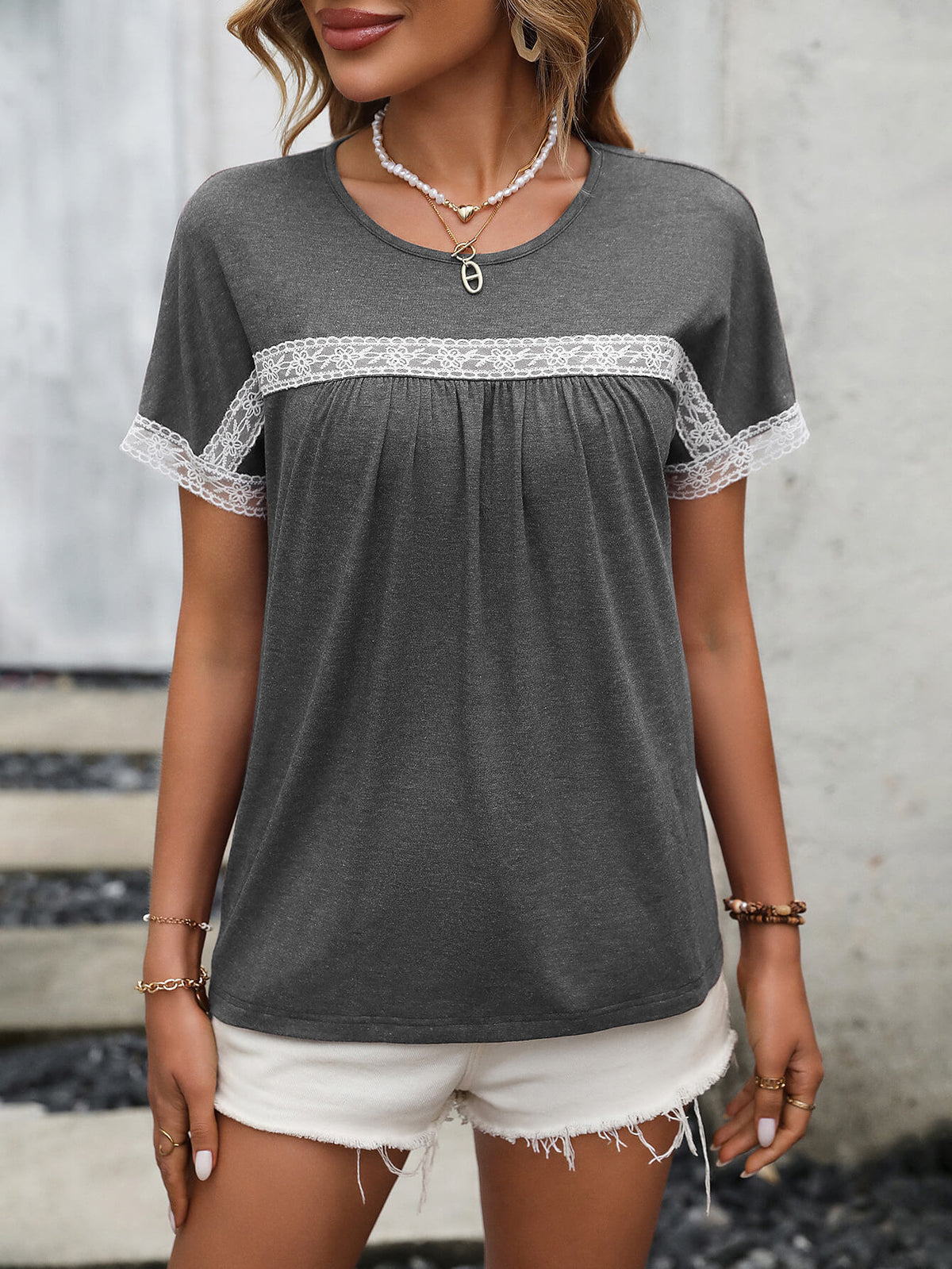 Contrast Round Neck Short Sleeve Tee-Teresa&#39;s Fashionista LLC