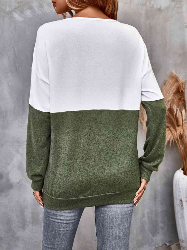 Two-Tone Crisscross Detail Sweatshirt-Teresa's Fashionista LLC