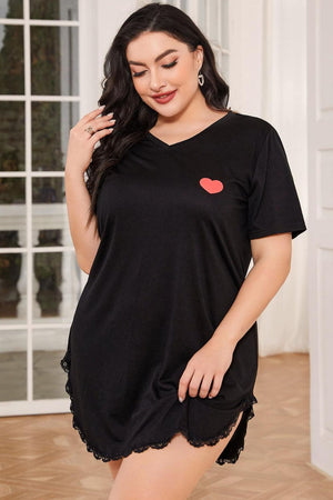 Plus Size Lace Trim V-Neck Short Sleeve Night Dress-Teresa's Fashionista LLC