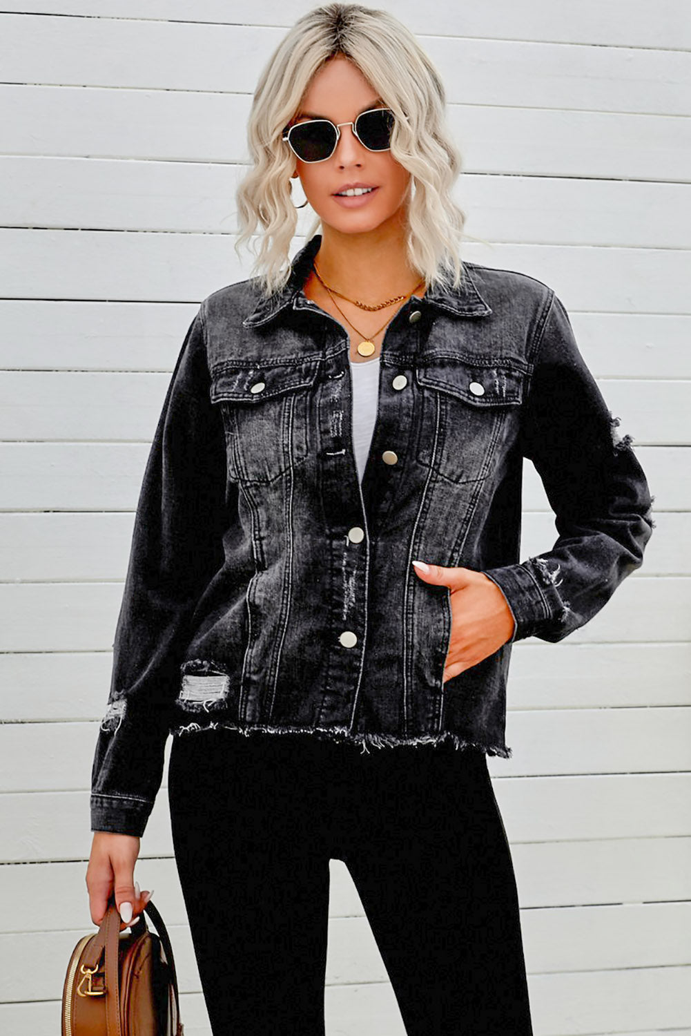 Distressed Raw Hem Denim Jacket-Teresa&#39;s Fashionista LLC