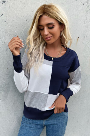 Color Block Ribbed Trim Round Neck Knit Pullover-Teresa's Fashionista LLC