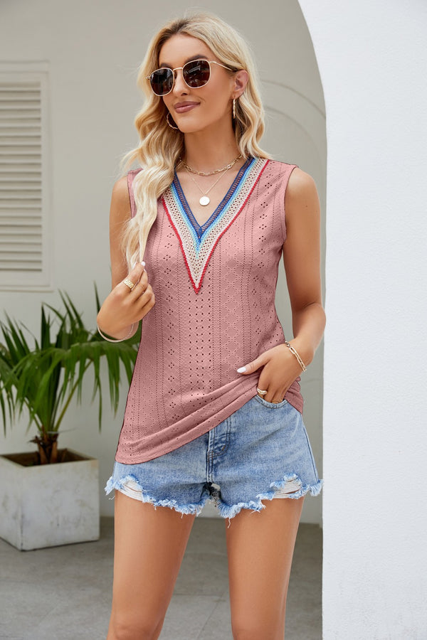 Contrast V-Neck Eyelet Tank-Teresa's Fashionista LLC