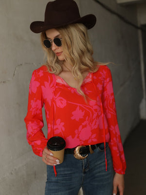 Printed Tie Neck Long Sleeve Blouse-Teresa's Fashionista LLC
