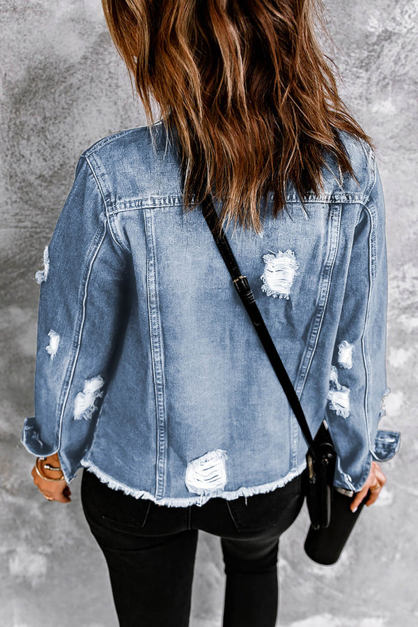 Distressed Raw Hem Denim Jacket-Teresa's Fashionista LLC
