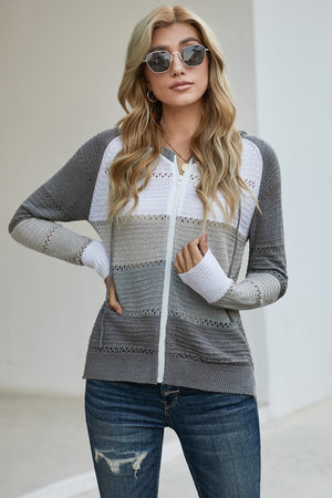 Zip-Up Raglan Sleeve Openwork Hooded Cardigan-Teresa's Fashionista LLC