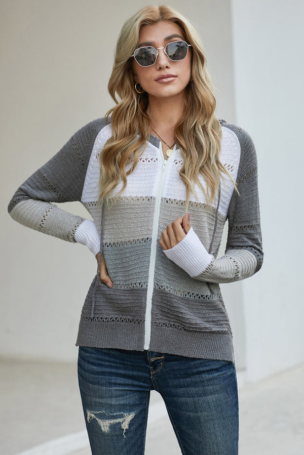 Zip-Up Raglan Sleeve Openwork Hooded Cardigan-Teresa's Fashionista LLC