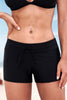 Full size run contrast drawstring swim bottoms in solid black, mid waist style with moderate stretch.