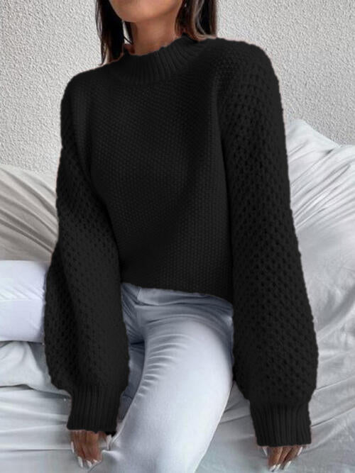 Openwork Mock Neck Long Sleeve Sweater-Teresa's Fashionista LLC