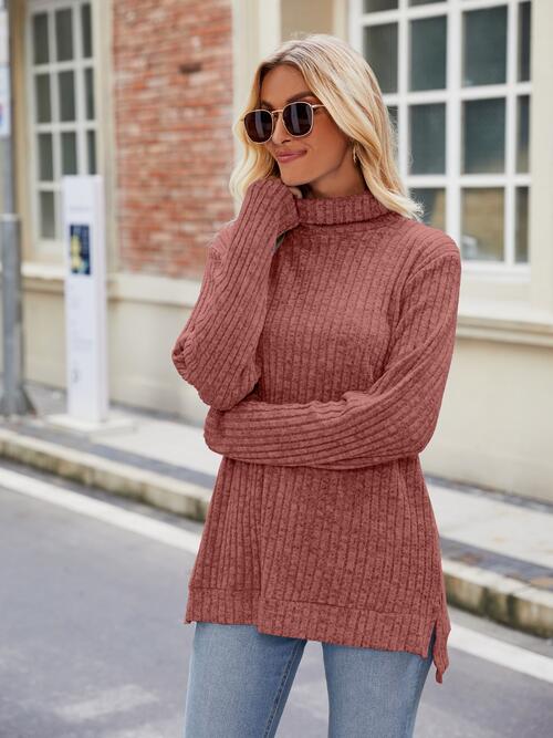 Ribbed Turtleneck Long Sleeve Slit Knit Top-Teresa's Fashionista LLC