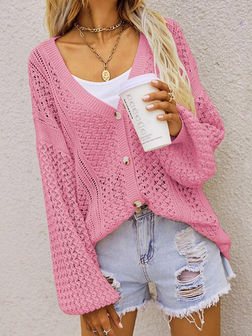 Openwork Button Front Cardigan-Teresa's Fashionista LLC