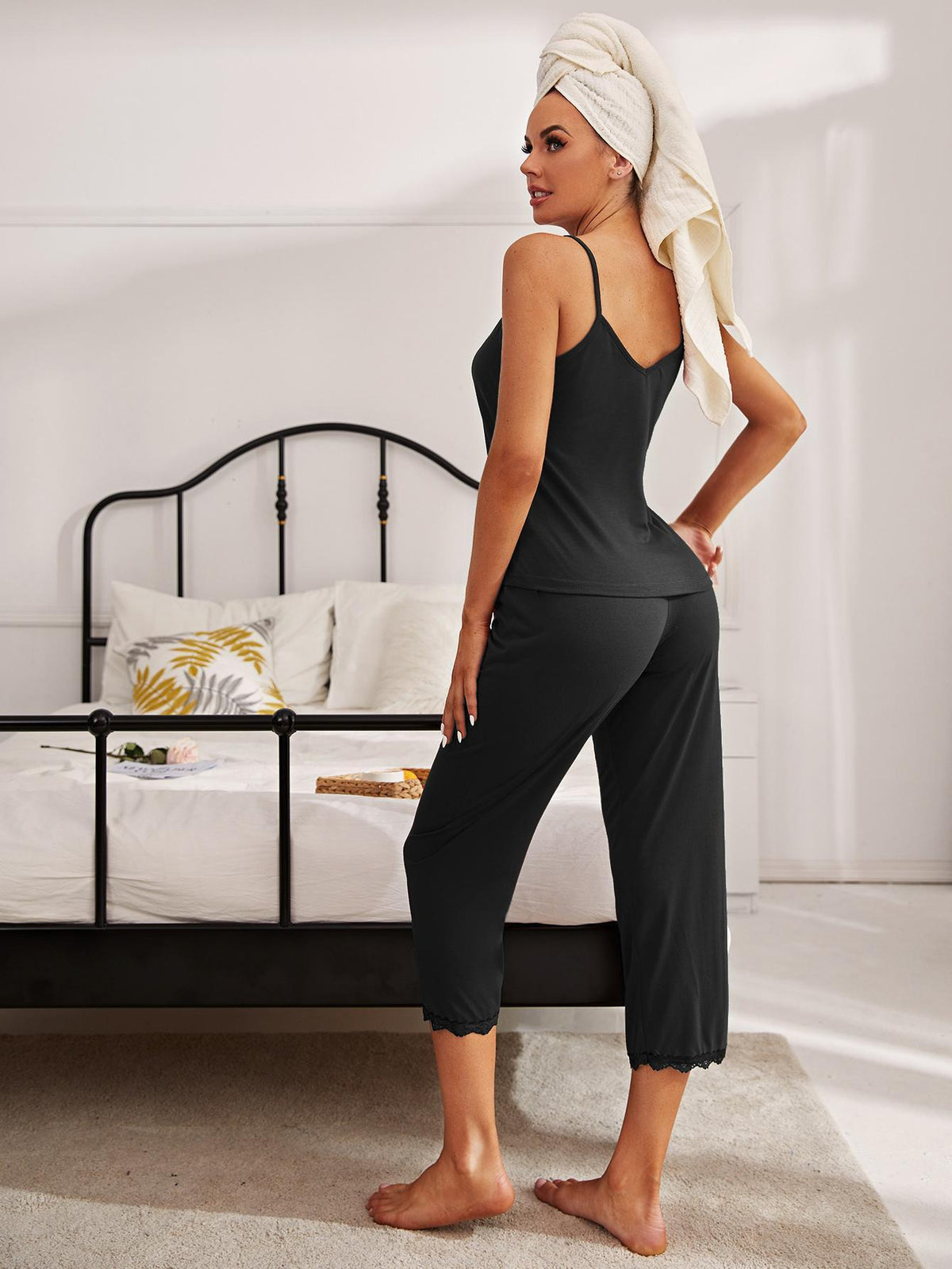 V-Neck Lace Trim Slit Cami and Pants Pajama Set-Teresa&#39;s Fashionista LLC